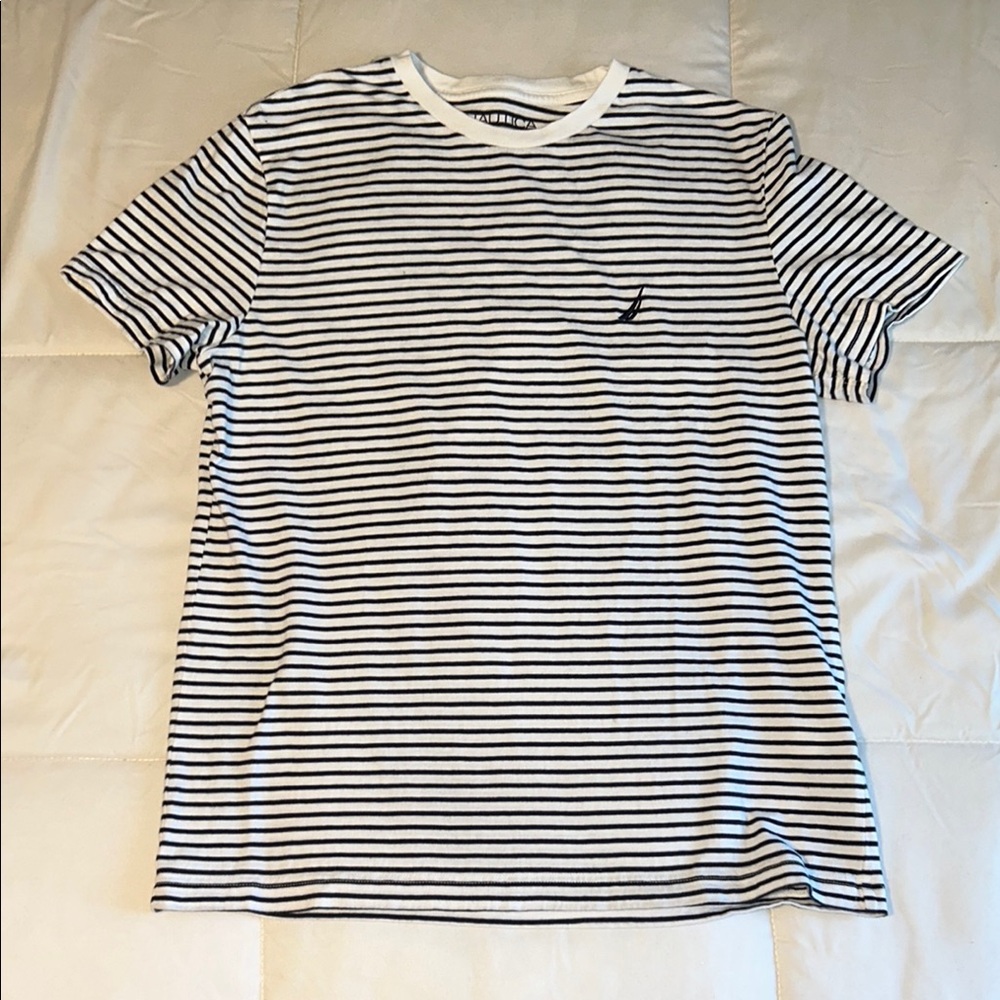 Nautica Shirt Women’s Size M Black & White Striped Short Sleeve Tee 100% Cotton